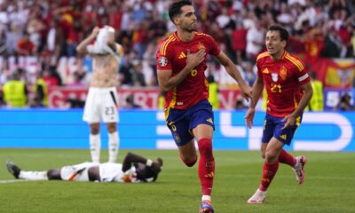 Spain's Mikel Merino celebrates after scoring his sides second goal during a quarter final match between Germany and Spain at the Euro 2024 soccer tournament in Stuttgart, Germany, Friday, July 5, 2024. (AP Photo/Manu Fernandez)