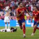 Spain's Mikel Merino celebrates after scoring his sides second goal during a quarter final match between Germany and Spain at the Euro 2024 soccer tournament in Stuttgart, Germany, Friday, July 5, 2024. (AP Photo/Manu Fernandez)