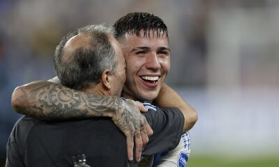 Argentina's Enzo Fernandez is congratulated after beating Canada 2-0 in a Copa America semifinal soccer match in East Rutherford, N.J., Tuesday, July 9, 2024. (AP Photo/Adam Hunger)