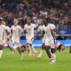 Canada celebrates their win in a Copa America quarterfinal soccer match against Venezuela in Arlington, Texas, Friday, July 5, 2024. (AP Photo/Tony Gutierrez)