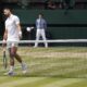 Novak Djokovic of Serbia reacts after losing a point to Carlos Alcaraz of Spain during the men's singles final at the Wimbledon tennis championships in London, Sunday, July 14, 2024. (AP Photo/Alberto Pezzali)