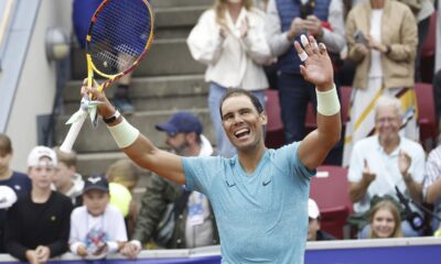 Rafael Nadal of Spain celebrates after defeating Leo Borg of Sweden in their men's singles match at the Nordea Open Tennis tournament in Bastad, Sweden, Tuesday July 16, 2024. (Adam Ihse/TT News Agency via AP)