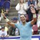 Rafael Nadal of Spain celebrates after defeating Leo Borg of Sweden in their men's singles match at the Nordea Open Tennis tournament in Bastad, Sweden, Tuesday July 16, 2024. (Adam Ihse/TT News Agency via AP)