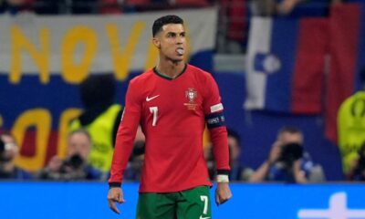 Portugal's Cristiano Ronaldo reacts during a round of sixteen match between Portugal and Slovenia at the Euro 2024 soccer tournament in Frankfurt, Germany, Monday, July 1, 2024. (AP Photo/Matthias Schrader)