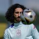 Spain's Marc Cucurella eyes the ball during a training session ahead of Tuesday's Euro 2024, semifinal soccer match against France in Donaueschingen, Germany, Monday, July 8, 2024. (AP Photo/Manu Fernandez)