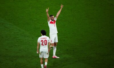 Turkey's Merih Demiral, right, celebrates after scoring his side second goal during a round of sixteen match between Austria and Turkey at the Euro 2024 soccer tournament in Leipzig, Germany, Tuesday, July 2, 2024. (AP Photo/Ebrahim Noroozi)