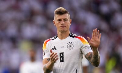 Germany's Toni Kroos walks off the pitch after a quarter final match between Germany and Spain at the Euro 2024 soccer tournament in Stuttgart, Germany, Friday, July 5, 2024. (AP Photo/Manu Fernandez)
