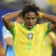 Brazil's Endrick reacts during a Copa America quarterfinal soccer match against Uruguay in Las Vegas, Saturday, July 6, 2024. (AP Photo/Julio Cortez)