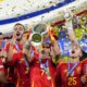 Spain's Alvaro Morata lifts the trophy after winning the final match between Spain and England at the Euro 2024 soccer tournament in Berlin, Germany, Sunday, July 14, 2024. Spain won 2-1. (AP Photo/Manu Fernandez)