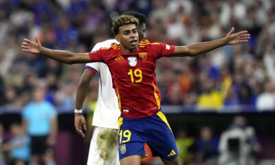 FILE - Spain's Lamine Yamal reacts during a semifinal match between Spain and France at the Euro 2024 soccer tournament in Munich, Germany, July 9, 2024. (AP Photo/Hassan Ammar, File)