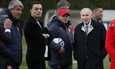 STEVAN STOJANOVIC, JOVAN SURBATOVIC generalni sekretar FSS, DRAGAN DZAJIC predsednik FSS i DRAGAN STOJKOVIC PIKSI selektor na treningu reprezentacije Srbije u sportskom centru FSS, Stara Pazova 20.03.2023. godine Foto: Ivica Veselinov / MN PRESS FSS, TRENING, EURO 2024