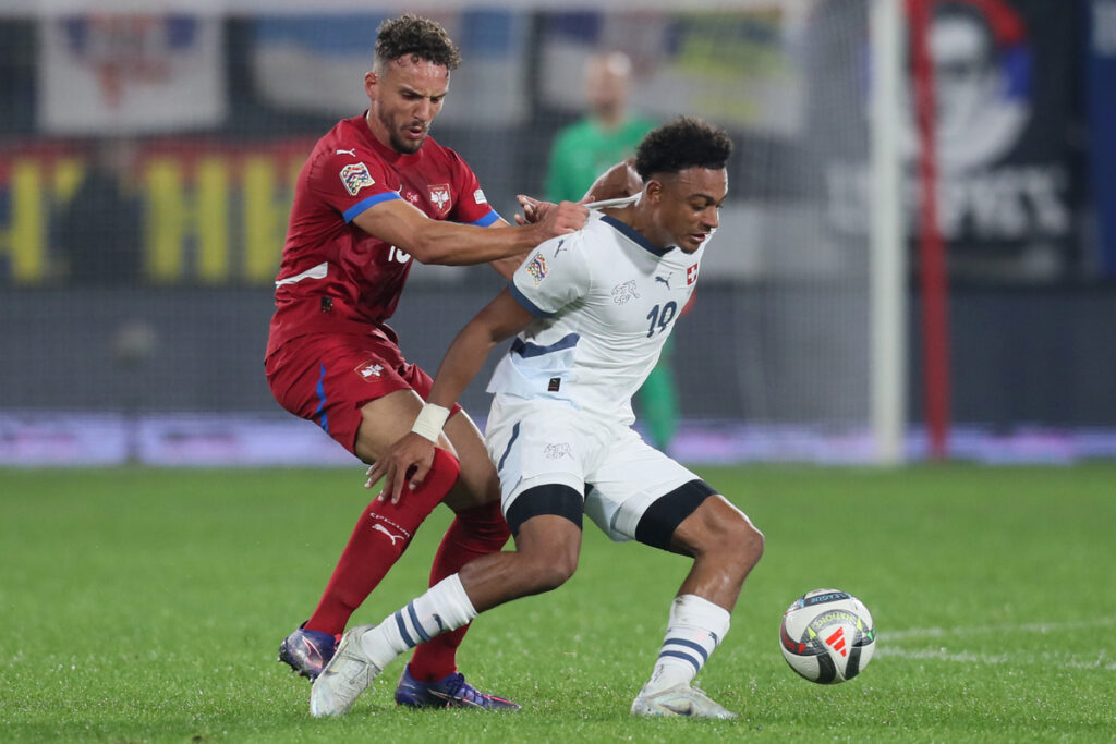 fudbaler reprezentacije Srbije na utakmici UEFA Lige nacija protiv Svajcarske na stadionu Dubocica, Leskovac 12.10.2024. godine Foto: Marko Metlas Fudbal, Reprezentacija, Srbija, Svajcarska, UEFA Liga nacija