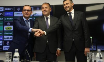 RASIM LJAJIC, PREDRAG MIJATOVIC, DANKO LAZOVIC na pres konferenciji uprave fudbalera Partizana na stadionu Partizana, Beograd 22.10.2024. godine Foto: MN Press/ss Fudbal, Partizan, Pres, Pres konferencija