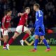 Nottingham Forest's Chris Wood, centre, celebrates scoring his side's first goal of the game during the Premier League match at the King Power Stadium, in Leicester, England, Friday Oct. 25, 2024. (Mike Egerton/PA via AP)