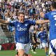 Como's Andrea Belotti celebrates scoring during a Serie A soccer match between Como and Verona at the Giuseppe Sinigaglia stadium in Como, northern Italy, Sunday, Sept. 29, 2024.(Antonio Saia/LaPresse via AP)