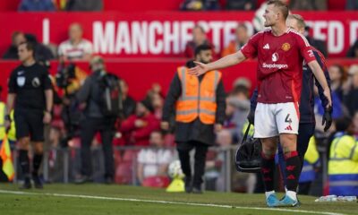 Manchester United's Matthijs de Ligt reacts during the English Premier League soccer match between Manchester United and Brentford at Old Trafford stadium in Manchester, England, Saturday, Oct. 19, 2024. (AP Photo/Dave Thompson)