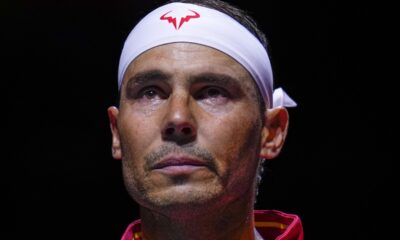 Spain's tennis player Rafael Nadal during the national anthem ahead of a Davis Cup quarterfinal match against Netherlands' Botic Van De Zandschulp at Martin Carpena Sports Hall in Malaga, southern Spain, on Tuesday, Nov. 19, 2024. (AP Photo/Manu Fernandez)