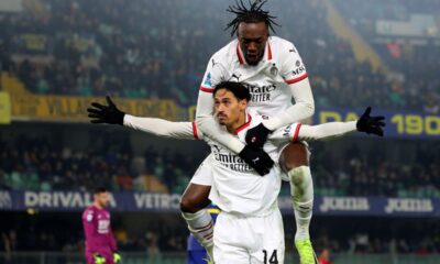 AC Milan's Tijjani Reijnders (14) celebrates a goal during an Italian Serie A soccer match against Verona Friday, Dec. 20, 2024, in Verona, Italy. (Paola Garbuio/LaPresse via AP)