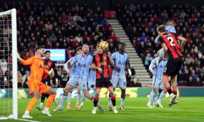 Bournemouth's Dean Huijsen, right, scores the opening goal during during the English Premier League soccer match between AFC Bournemouth and Tottenham Hotspur in Bournemouth, England, Thursday, Dec. 5, 2024. (Adam Davy/PA via AP)