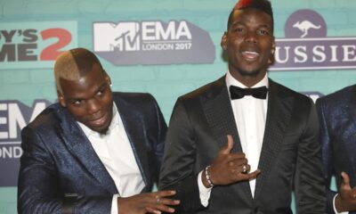 FILE - Soccer players Mathias Pogba, left, and Paul Pogba pose for photographers upon arrival at the MTV European Music Awards 2017 in London, Sunday, Nov. 12, 2017. (Vianney Le Caer/Invision/AP, File)