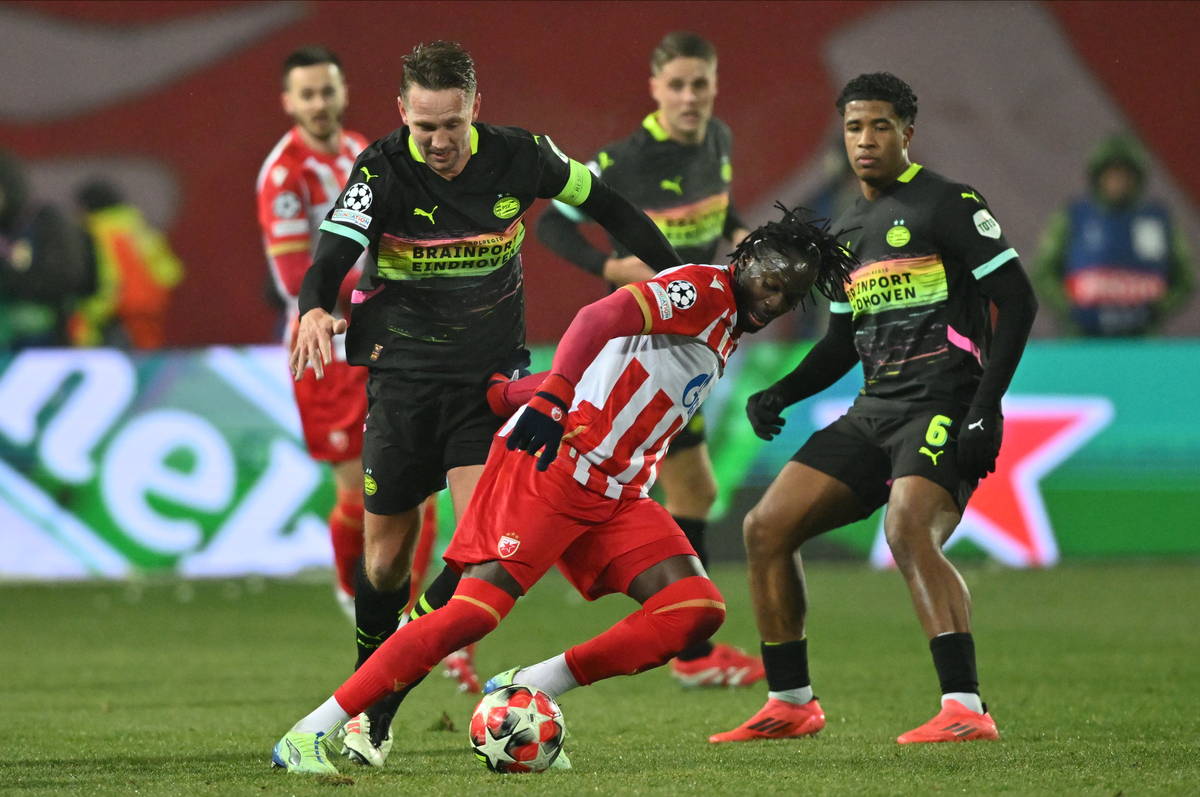 , fudbaler Crvene zvezde, na utakmici UEFA Lige Sampiona protiv PSV Ajndhovena, na stadionu Rajko Mitic. Beograd, 21.01.2025. foto: MN PRESS Fudbal, Crvena zvezda, UEFA Liga Sampiona, PSV Ajndhoven