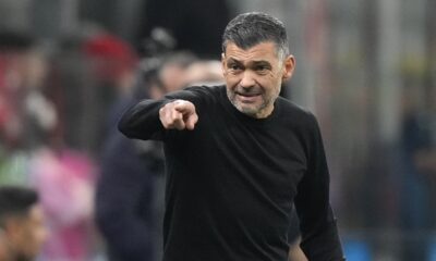 AC Milan's head coach Sergio Conceicao gestures from the sidelines during the Italian Serie A soccer match between AC Milan and Hellas Verona, at the San Siro Stadium in Milan, Italy, Saturday, Feb.15, 2025. (AP Photo/Luca Bruno)