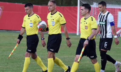 NENAD MINAKOVIC glavni sudija i pomocnici NIKOLA BOROVIC i BOSKO BOZOVIC, na prvenstvenoj utakmici Jedinstvo - Partizan, na stadionu Dragan Dzajic. Ub, 27.07.2024. foto: Nebojsa Parausic Fudbal, Jedinstvo, Partizan