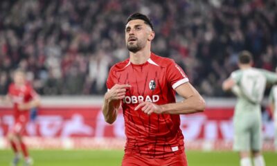 Freiburg's Vincenzo Grifo celebrates scoring during the Bundesliga soccer match between SC Freiburg and Werder Bremen at Europa-Park Stadium, Freiburg, Germany, Friday Feb. 21, 2025. (Harry Langer/dpa via AP)