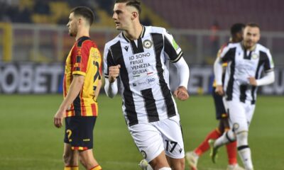 Udinese's Lorenzo Lucca celebrates scoring during the Serie A soccer match between US Lecce and Udinese Calcio at the Via del Mare Stadium in Lecce, Italy, Friday Feb. 21, 2025. (Giovanni Evangelista/LaPresse via AP)