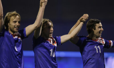 FUDBAL - HRVATSKA - SRBIJA 2:0. RAKITIC, DARIJO SRNA i LUKA MODRIC, fudbaleri Hrvatske proslavljaju pobedu. Zagreb, 22.03.2013. photo:A.Cukic/MN Press