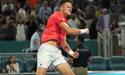Jakub Mensik of the Czech Republic celebrates after defeating Taylor Fritz during a semifinal match at the Miami Open tennis tournament, Friday, March 28, 2025, in Miami Gardens, Fla. (AP Photo/Marta Lavandier)