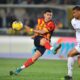 Lecce's Nikola Krstovic in action during the Italian Serie A soccer match between US Lecce and AC Milan at the Via del Mare Stadium in Lecce, Italy, Saturday, March 8, 2025. (Giovanni Evangelista/LaPresse via AP)