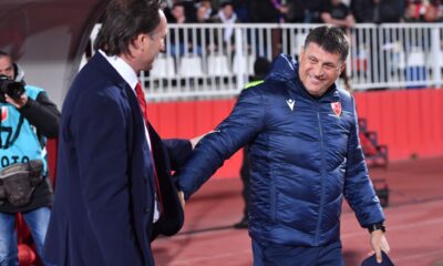 VLADAN MILOJEVIC trener fudbaler Crvene zvezde na utakmici Superlige Prvenstva Srbije protiv MIROSLAV TANJGA trener Vojvodine Novi Sad na stadionu Karadjordje, Novi Sad 29.03.2025. godine Foto: Marko Metlas Fudbal, Crvena zvezda, Superliga Prvenstvo Srbije, Vojvodina Novi Sad