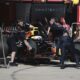 Red Bull driver Liam Lawson of New Zealand gets pushed back into his garage during the sprint race ahead of the Chinese Formula One Grand Prix at the Shanghai International Circuit, Shanghai, Saturday, March 22, 2025. (Wu Hao/Pool Photo via AP)