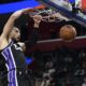 Sacramento Kings guard Zach LaVine dunks during the first half of an NBA basketball game against the Detroit Pistons, Monday, April 7, 2025, in Detroit. (AP Photo/Jose Juarez)