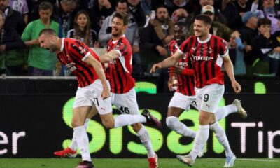 C Milan's Strahinja Pavlovic, left, celebrates scoring during the Serie A soccer match between Udinese and Milan at the Bluenergy Stadium in Udine, Italy, Friday April 11, 2025. (Andrea Bressanutti/LaPresse via AP)