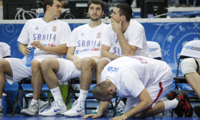 Ivan Paunic, Stefan Markovic, Aleksandar Rasic, Milan Macvan kosarkasi reprezentacije Srbije na utakmici FIBA Evropskog prvenstva 2011 protiv Turske u Simens areni u Viljnusu Litvanija tuga 11.09.2011. godine Foto: Marko Metlas