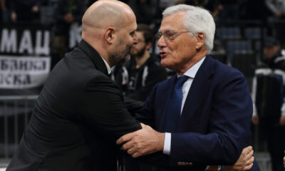 ALEKSANDAR DJORDJEVIC SASA trener i MASSIMO ZANETTI Masimo Zaneti vlasnik Segafreda i kosarkasa Virtusa Bolonja na utakmici ULEB Evrokupa protiv Partizana u hali Stark Beogradska arena, Beograd 08.01.2020. godine Foto: Marko Metlas Kosarka, Partizan, ULEB Evrokup, Virtus Bolonja