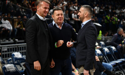 OSTOJA MIJAILOVIC, predsednik kosarkasa Partizana, DRAGAN BOKAN i MILIJA VOJINOVIC, na utakmici ABA lige protiv Buducnosti, u Beogradskoj Stark areni. Beograd, 20.11.2021. foto: MN Press / ds Kosarka, ABA liga, Partizan, Buducnost
