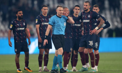 GHAYAS ZAHID Gajas Zahid, SVETOZAR MARKOVIC, PAVLE ILIC sudija iz Kragujevca, BOJAN KOVACEVIC fudbaleri Partizana na utakmici Superlige Prvenstva Srbije protiv Crvene zvezde na stadionu Rajka Mitica, Beograd, 20.04.2024. godine Foto: Marko Metlas Fudbal, Crvena zvezda, Superliga Prvenstvo Srbije, Partizan
