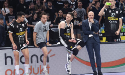 SAVO DREZGIC, MATEUSZ PONITKA, ALEKSA DIMITRIJEVIC, i kosarkasi Partizana, na utakmici plejofa prvenstva drzave protiv Crvene zvezde, u Beogradskoj areni. Beograd, 05.06.2024. foto: Nebojsa Parausic Kosarka, Play off, Partizan, Crvena zvezda
