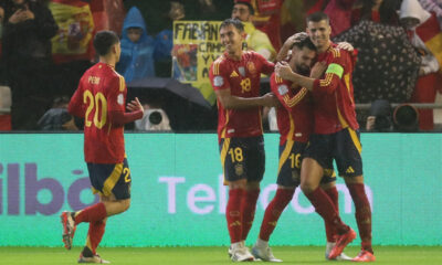 PEDRI, MARTIN ZUBIMENDI, ALEX BAENA Aleks Baena , ALVARO MORATA radost fudbalera reprezentacije Spanije na utakmici UEFA Lige nacija protiv Srbije na stadionu Nuevo Arhangel, Kordoba 15.10.2024. godine Foto: Marko Metlas Fudbal, Reprezentacija, Srbija, Spanija, UEFA Liga nacija
