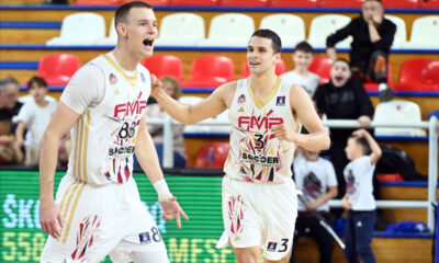 FILIP BARNA i PETAR POPOVIC, kosarkasi FMP, proslavljaju pobedu na utakmici ABA lige protiv Krke, u hali FMP Zeleznik. Beograd, 16.03.2025. foto: Nebojsa Parausic Kosarka, ABA League, FMP, Krka