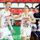 FILIP BARNA i PETAR POPOVIC, kosarkasi FMP, proslavljaju pobedu na utakmici ABA lige protiv Krke, u hali FMP Zeleznik. Beograd, 16.03.2025. foto: Nebojsa Parausic Kosarka, ABA League, FMP, Krka
