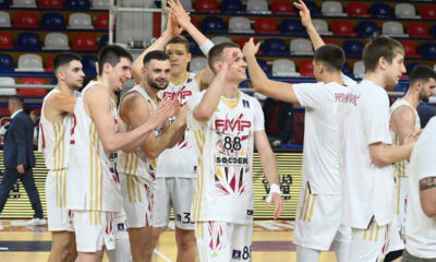 Kosarkasi FMP, proslavljaju pobedu na utakmici ABA lige protiv Krke u hali FMP Zeleznik. Beograd, 16.03.2025. foto: Nebojsa Parausic Kosarka, ABA League, FMP, Krka