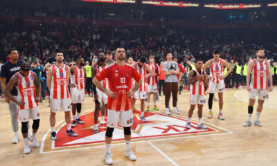 ISAIAH CANAAN Ajzeja Kejnan, OGNJEN DOBRIC, BRANKO LAZIC, YAGO DOS SANTOS Jago Dos Santos, FILIP PETRUSEV, ROKAS GIEDRAITIS tuga kosarkasa Crvene zvezde na utakmici Evrolige protiv Anadolu Efesa Istanbul u hali Beogradska arena, Beograd 04.04.2025. godine Foto: Marko Metlas Kosarka, Crvena zvezda, Evroliga, Anadolu Efes Istanbul