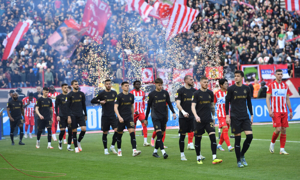 MIHAJLO ILIC, ALEKSANDAR FILIPOVIC, NIHAD MUJAKIC, OGNJEN UGRESIC , VANJA DRAGOJEVIC , MARIO JURCEVIC, JOVAN MILOSEVIC, STEFAN KOVAC, , MILAN VUKOTIC EKIPA fudbalera Crvene zvezde na utakmici Superlige Prvenstva Srbije protiv Partizana na stadionu Rajka Mitica, Beograd, 12.04.2025. godine Foto: Marko Metlas Fudbal, Crvena zvezda, Superliga Prvenstvo Srbije, Partizan