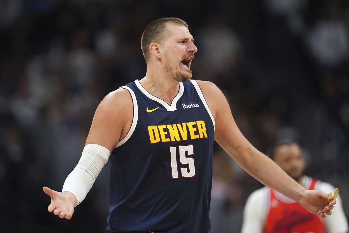 Denver Nuggets center Nikola Jokic argues for a call in the second half of Game 2 of a first-round NBA playoff series against the Los Angeles Clippers Monday, April 21, 2025, in Denver. (AP Photo/David Zalubowski)