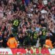 Brentford's Yoane Wissa (11) celebrates after scoring his side's first goal against Arsenal during the English Premier League soccer match between Arsenal and Brentford at Emirates Stadium in London, Saturday, April 12, 2025. (AP Photo/Frank Augstein)
