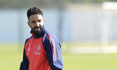 Manchester United manager Ruben Amorim attends a training session ahead of the Europa League quarterfinal first leg soccer match against Lyon, at Trafford Training Centre, Carrington, England, Wednesday, April 9, 2025. (Martin Rickett/PA via AP)